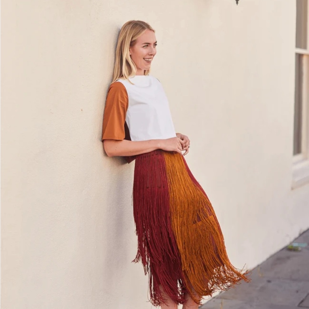 Two-Tone Fringe Maxi Skirt in Rust and Burgundy